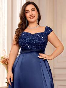 Plus Sleeveless Sequin Insert Lace Bodice Contrast Satin Split Thigh Hem Prom Formal Party Dress - Màu xanh hải quân - Xem 7