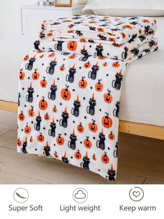 1 Pc Cozy Cat Pumpkin Print Blanket - Soft, Warm, And Fuzzy Throw ForCouch, Sofa, Office, Bed, Camping, And Travelling - Perfect Gift For Halloween Decor And Autumn Season