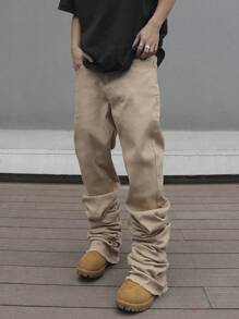 Manfinity Roghcode 男士純色斜口口袋牛仔褲，寬鬆長件洗水深色牛仔褲，帶有卡其色貨物口袋，適於派對、休閒和與朋友聚會 - 卡其色 - 查看 6