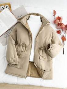 SHEIN 青少年女孩纯色加厚袋装连帽休闲棉服外套 - 卡其色 - 查看 2