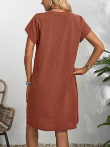 EMERY ROSE 女式纯色简约休闲短袖连衣裙 - 紅木色 - 查看 2