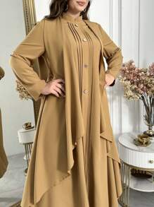Al Najma Vestido largo y casual de manga larga con cuello alto y plisado, de unicolor, para mujer de talla grande. Elegante y modesto vestido largo maxi para uso casual diario, viajes, vacaciones, fiestas por la noche y como invitada de boda, apto para primavera y verano
