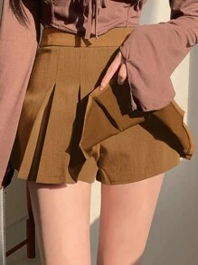 DAZY Women's Casual Solid Color Pleated Mini Skirt, Spring & Summer - Brown - View 2