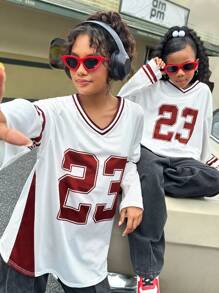 SHEIN Tween Girls Retro Collegiate Casual V-Neck Short Sleeve Blouse