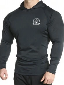 Manfinity Sport Corelite Boyfriend Style Men's Letter Print Hooded Long Sleeve Pullover Sweatshirt, Active Wear Graphic Gym Sports Sweatshirt