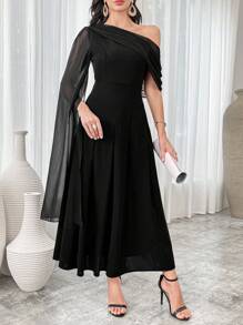 Modelyn Đầm Maxi Cổ Lưới Tương Phản Cho Nữ Trang Phục Dạ Hội Dài Vải Mùa Thu Cho Nữ - màu đen - Xem 6