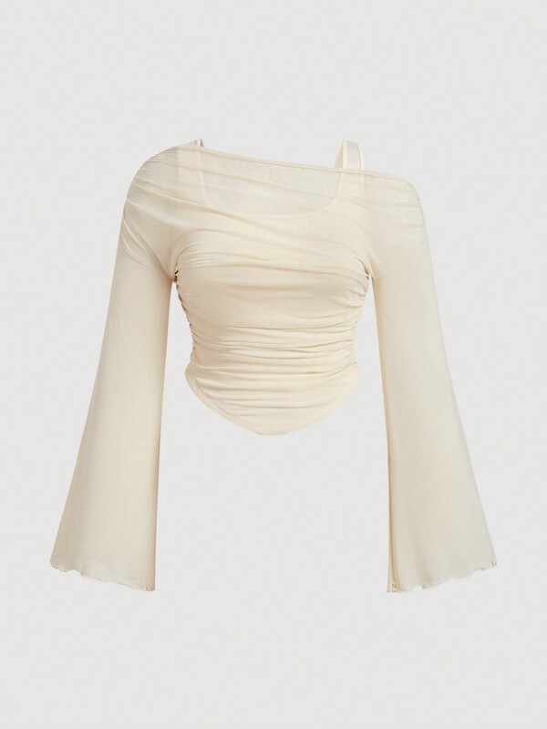 SHEIN MOD Plus Size 2 In 1 Asymmetrical Shoulder Sheer Mesh Knit Tee , Apricot