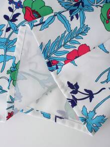 SHEIN LUNE Plus Size V-Neck Ruffle Sleeve Allover Print Drawstring Design Blouse - Blue - View 7