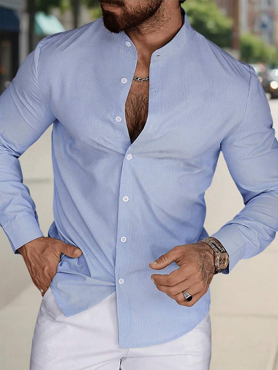Manfinity Homme Men Stripe Print Button Front Casual Long Sleeve Shirt For Boyfriend Gift, For Fall Ceremony - Blue - View 1