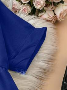 SHEIN LUNE Plus Size V-Neck Ruffle Hem Solid Color Short Sleeve Dress For Summer - Royal Blue - View 5