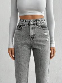 EURMUSE High Waist Ripped Mom Fit Jeans - Grey - View 3