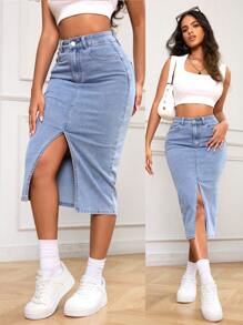 SHEIN PETITE Spring & Summer Casual Slit Slim-Fit Denim Skirt - Blue - View 1