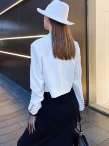 Chiquease Women's Elegant Loose Stand Collar White Long Sleeve Casual Jacket Fall Cloth For Women - White - View 2