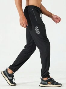 Manfinity Fitness Men Striped Drawstring Waist Slant Pocket Sports Trousers - Black - View 1