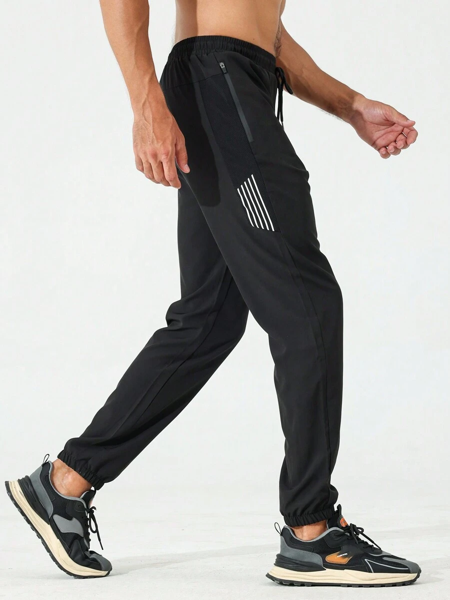 Manfinity Fitness Men Striped Drawstring Waist Slant Pocket Sports Trousers - Black - View 1