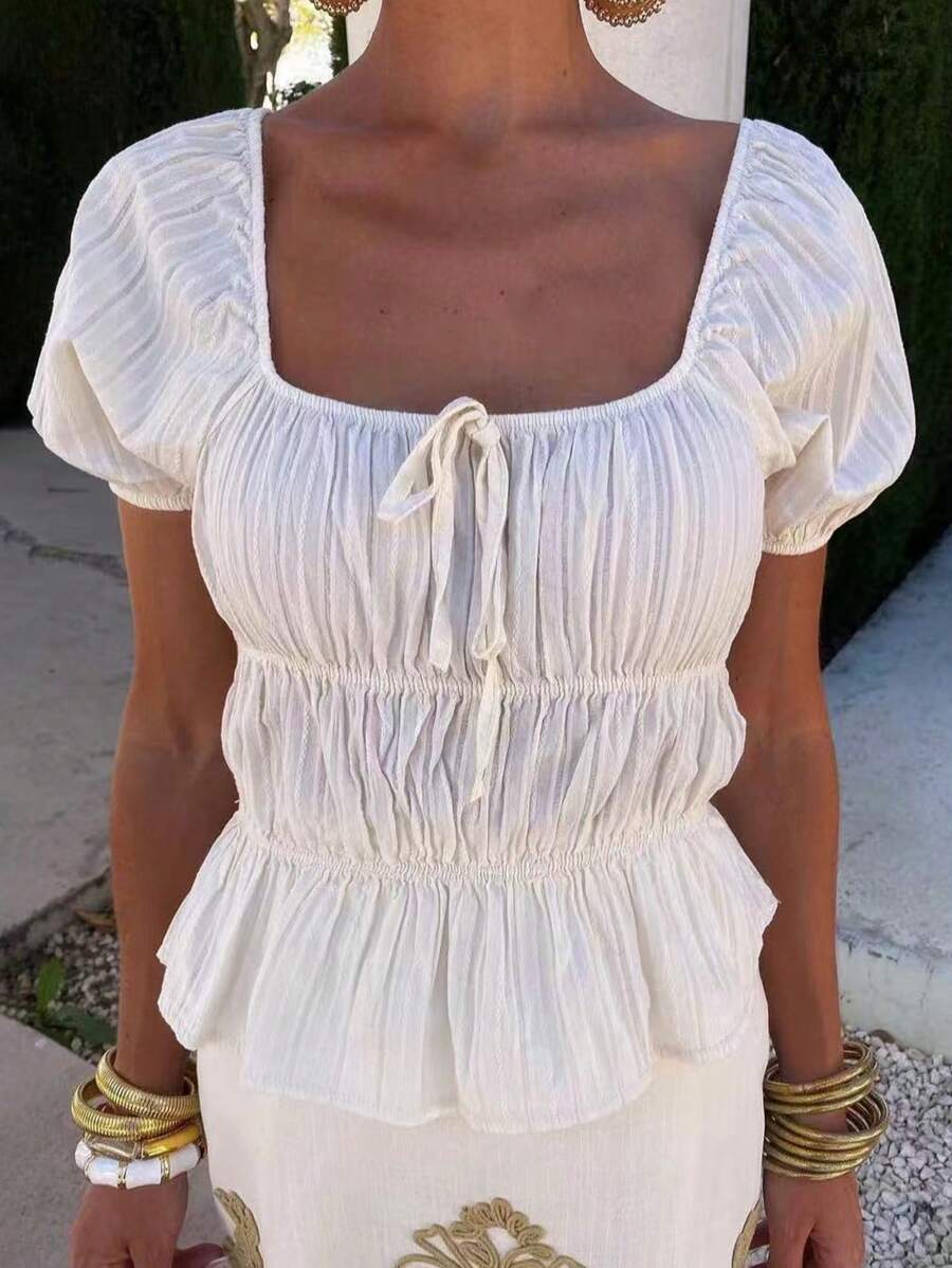 INAWLY Áo kiểu nữ cổ tròn tay ngắn thắt eo xếp ly thời trang ngày lễ - trắng - Xem 1