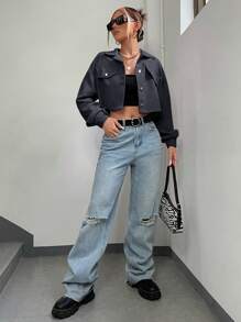 SHEIN EZwear Áo khoác ngắn nhung kẻ dệt màu xám xanh cho mùa thu/đông - Xám - Xem 3