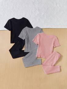 SHEIN 2 件套年轻女孩休闲圆领短袖 T 恤和紧身裤套装，多件装 - 黑色 - 查看 2