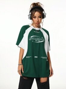 Coolane Women's Oversized Streetwear Fashion Race Car Graphic Splice Color Block Short Sleeve T-Shirt