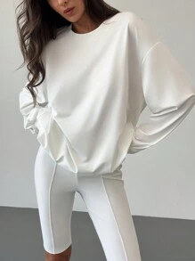 Aloruh 2 Cái/bộ Áo Chui Đầu Rộng + Quần Xe Đạp Trang Phục Thể Thao Thông Thường Cho Nữ - trắng - Xem 6