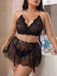 2 chiếc Plus Size Nữ Ren Và Dây Xích Bộ Đồ Lót Gợi Cảm - màu đen - Xem 5
