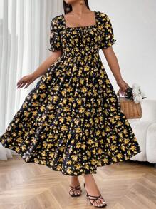 SHEIN SunnyBelle 大码方领短袖花卉印花休闲连衣裙 - 黃色 - 查看 6