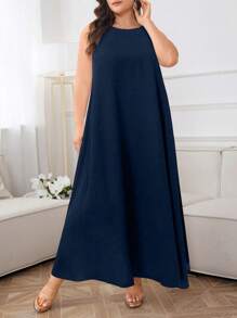 Al Najma 大码纯色圆领无袖阿拉伯连衣裙，夏季 - 藏蓝色 - 查看 1