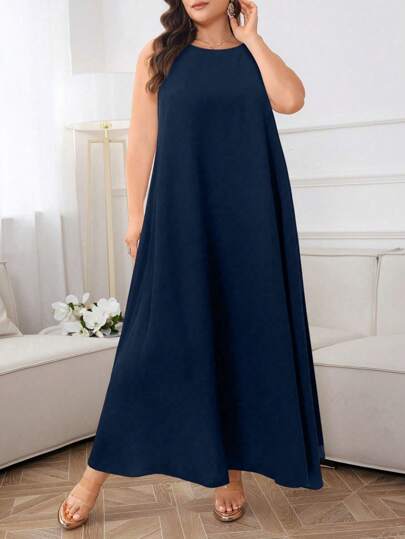 Al Najma Plus Size Solid Color Round Neck Sleeveless Arabian Dress, Summer