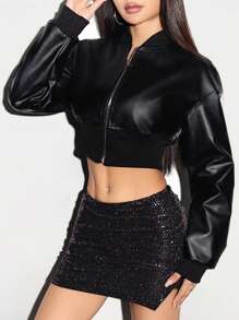 EgrlEra Fashionable Black Short Leather Jacket Y2K Outfit  Fall Winter Cloth For Women - Black - View 4