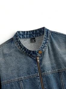 Manfinity Hypemode 大码男式中号蓝色复古水洗牛仔休闲夹克 - 水鴨藍 - 查看 3