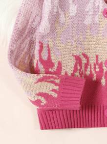 Tween Girls Autumn/Winter Knitted Sweater Flame Pattern Cardigan. Unique Knitting Technique Presents Dynamic Flame And Fashionable Vibe, Showcasing Urban Charm. School, Daily Wear, And Various Party Occasions To Display The Iconic Leading Role Vibe. Super Versatile For All Occasions, Great Value. - Multicolor - View 6