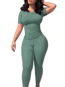 Form-Fitting Short Sleeve High Waisted Skinny Pants Casual Outfit - Green - View 3