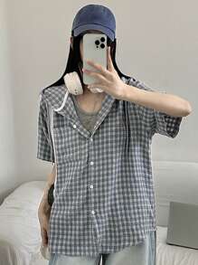 DAZY Women's Summer Casual Hooded Plaid Loose Blouse,Flannels Women - Blue - View 6