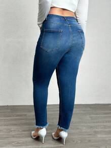 EURMUSE Plus Size Mulheres Bolsos Bainha Desfiada Skinny Casual Jeans - Lavagem escura - Ver 2