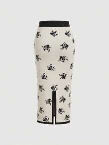SHEIN MOD Apricot Color-Blocked Black Skirt Elegant Jacquard Knit Women's Skirt, Floral Pattern, Perfect For Early Autumn