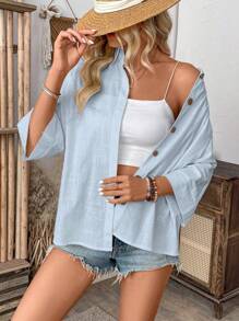 Breezaya Women Simple Solid Color Button Down Loose Cuff Blouse Women Shirt - Baby Blue - View 6
