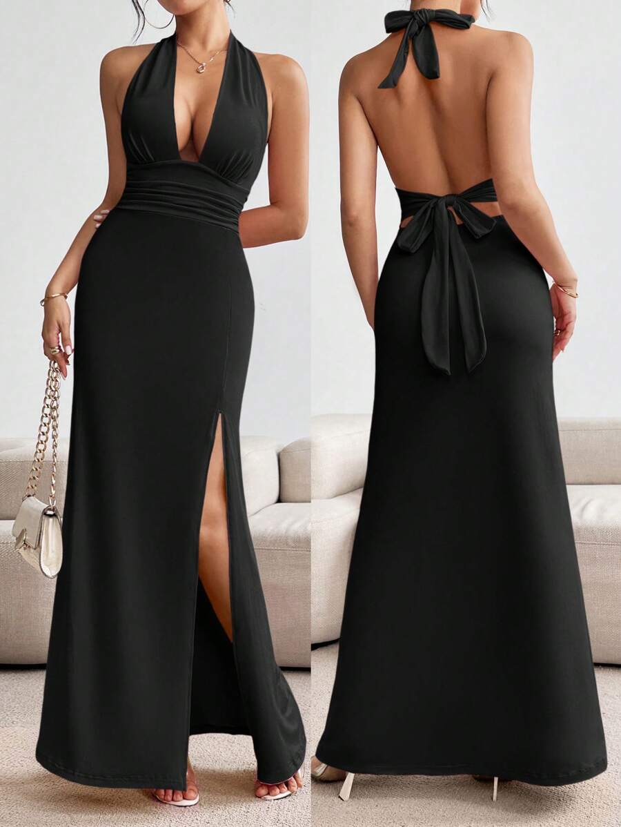 Rafferiza Women's Halter Neck Ruched Backless Fit & Flare Bowknot Elegant Dress Maxi Women Outfit - Black - View 1