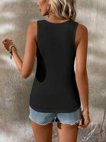 SHEIN LUNE Women's Summer Solid V-Neck Sleeveless Slim Fit Black Tank Top - Black - View 2