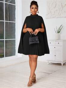 SHEIN Lady Plus Size Black Pleated Collar Loose Casual Dress With Cape, Open Style For Formal Occasion - Black - View 3