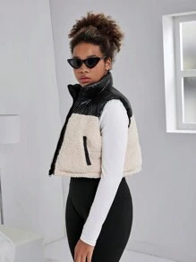 Teens/Girls Casual Streetwear Chic Reversible Fleece Vest Padded Coat - Black - View 5