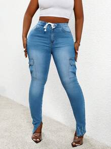 SHEIN Slayr 女式时尚抽绳松紧腰合身牛仔工装裤 - 中等水洗藍 - 查看 3