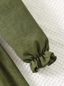 女童灯芯绒长袖方领连衣裙，优雅秋季服装配腰带 - 墨綠色 - 查看 5