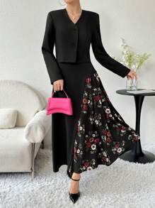 Modelyn 女性優雅純色外套和印花拼接A字裙兩件套裝，適用於春秋季節 - 彩色 - 查看 5