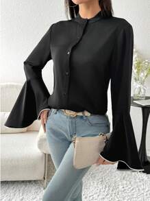 Modelyn 女士纯色立领前扣优雅长袖衬衫 - 黑色 - 查看 5