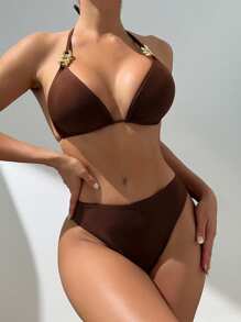 Bộ bikini hở lưng dây xích kim loại, đồ bơi mùa hè - màu nâu - Xem 6