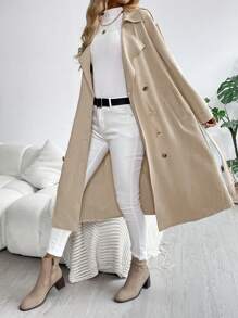 SHEIN LUNE 纯色双排扣口袋系带长袖绒面羊毛风衣