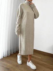 SHEIN Cottnline Women Solid Color Turtleneck Drop Shoulder Long Sweater Dress - Beige - View 5