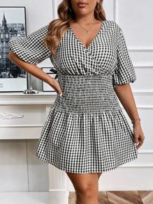 Flirla Plus Size Nữ Mùa Hè Kẻ Sọc Shirred Tay Phồng Cinched Eo Váy Chữ A - Đen và trắng - Xem 6