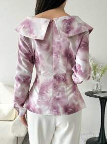 Modelyn 女款V領長袖時尚襯衫，搭配夸張肩膀荷葉邊和整體花卉印花 - 粉色 - 查看 2