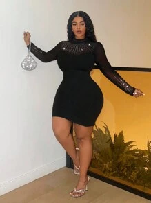 Slaydiva Plus Size Glamorous Party Turtleneck Mesh Contrast Rhinestoned Tight Fit Black Mini Dress For Women - Black - View 1